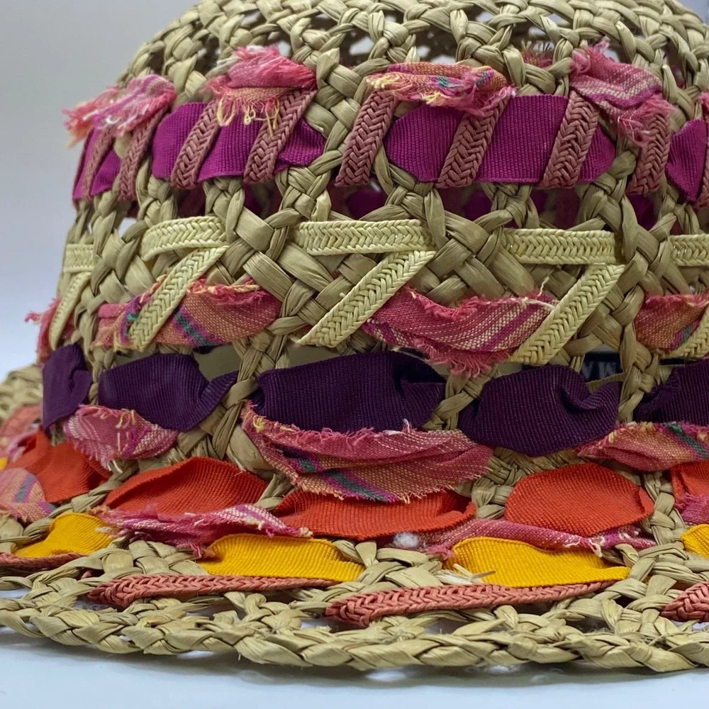 Vintage Boho Retro Multicolor Straw Bucket Hat Woven Made in Italy Shabby Chic